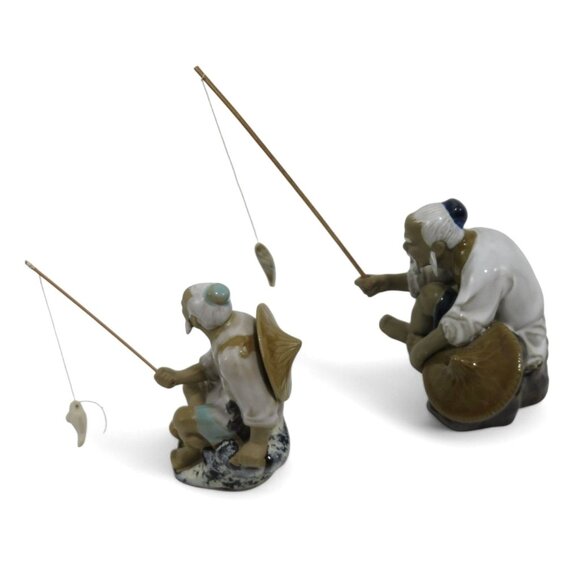 Chinese MUDMAN FISHERMEN Figurines Set Of 2 With Fishing Rods and Fish Vintage - Picture 6 of 10